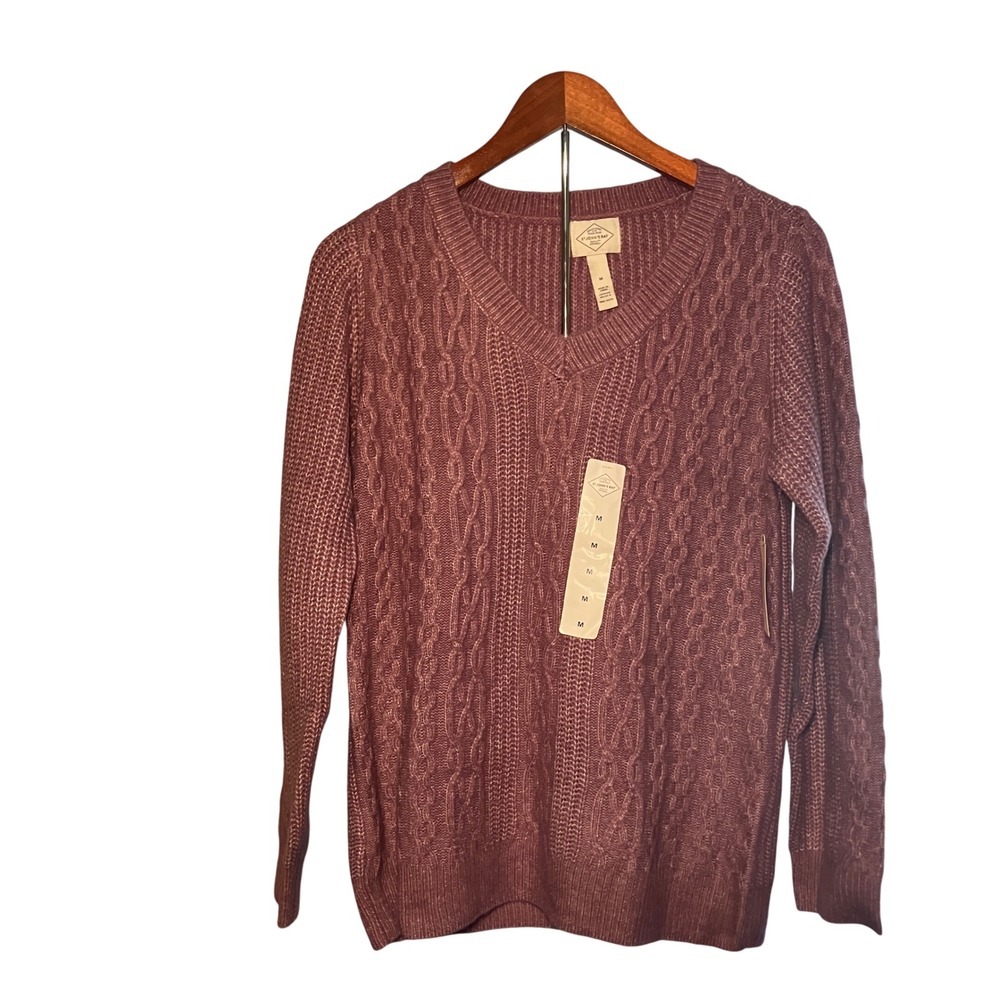 St Johns Bay Womens Medium Bordeaux Rose Cable Knit V Neck Sweater New With Tags